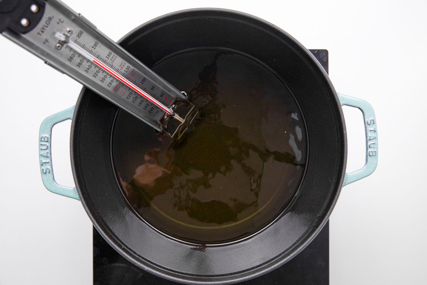 Dutch Oven Filled with Hot Oil, and in the Dutch Oven, a Frying Thermometer in the Dutch Oven for Yukon Gold Potato Croquette Recipe