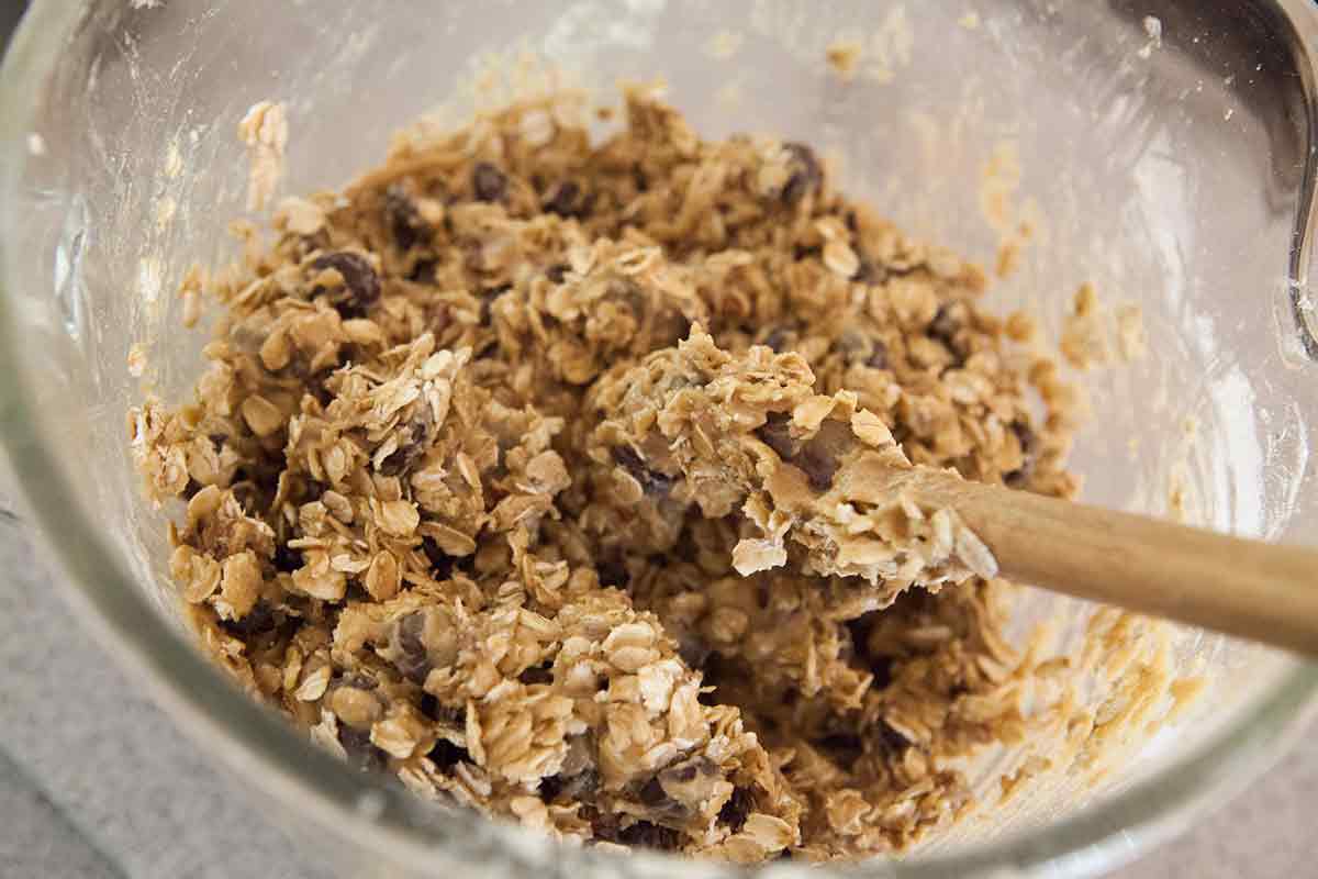 Add the oats and chocolate chips to the oatmeal chocolate chip cookie dough batter