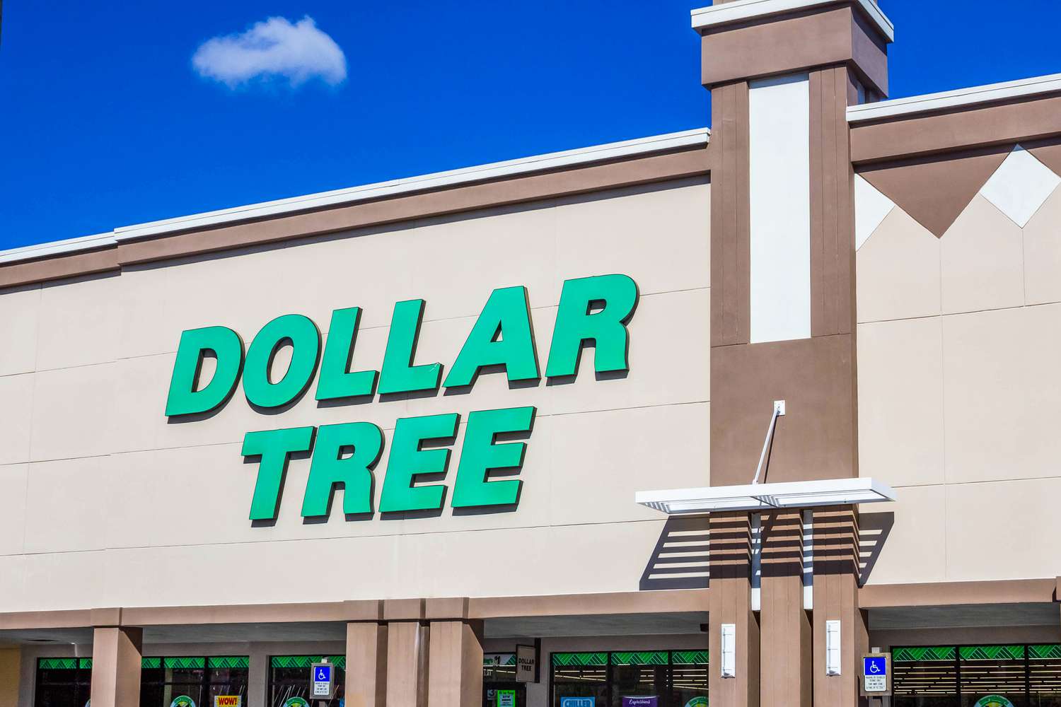 Dollar Tree store front on a sunny day with blue sky overhead