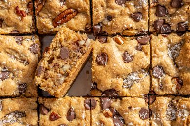 cowboy blondies (overhead shot of sliced cowboy blondies laying flat, one slice cross-section facing towards the camera) 