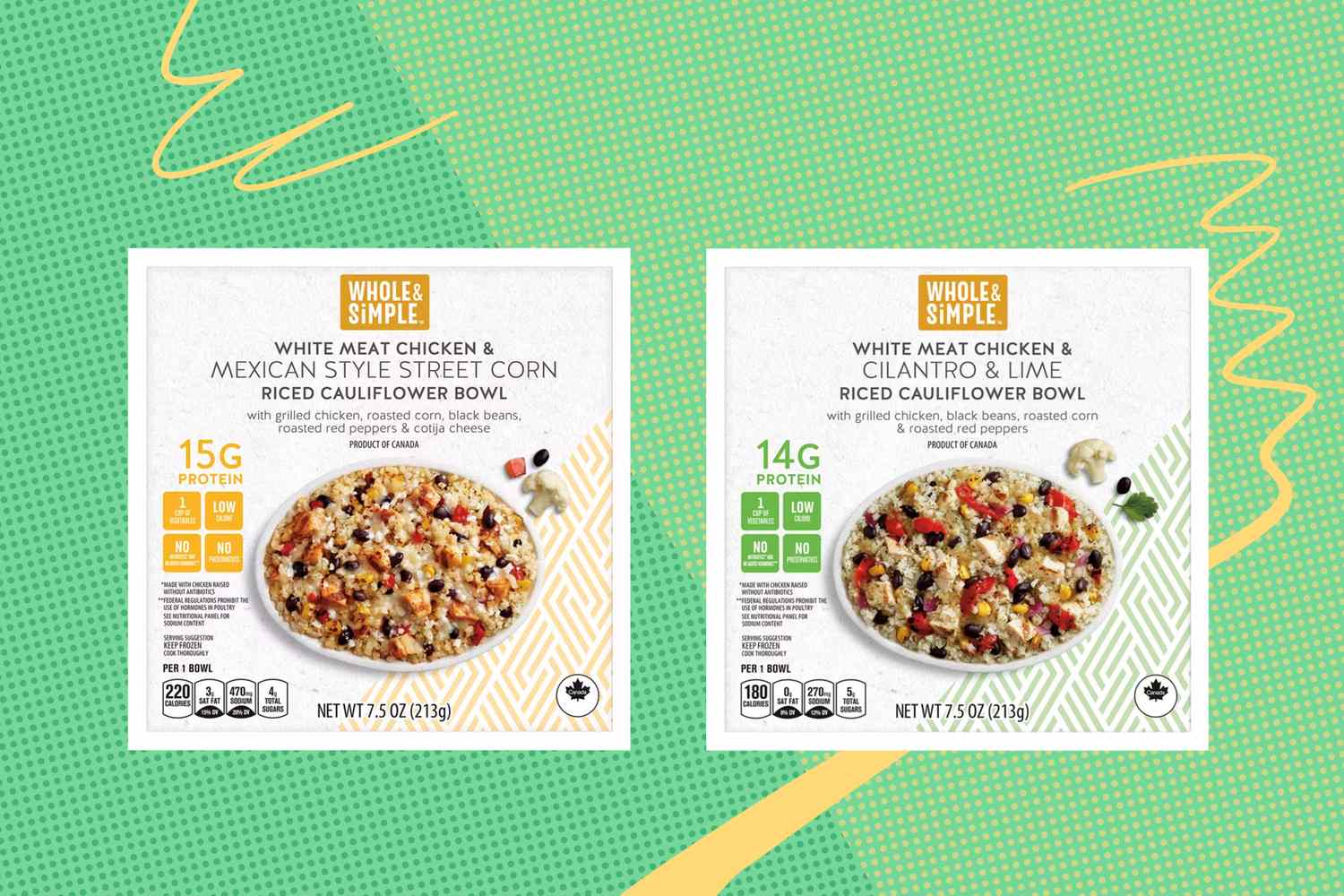 Two packages of Whole Simple rice bowls on a green background, flavors Mexican Street Corn and Cilantro Lime