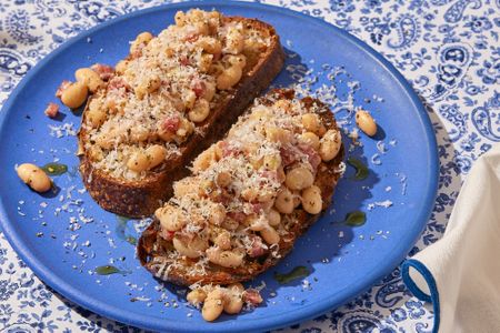 White Bean and Salami Toasts on a plate