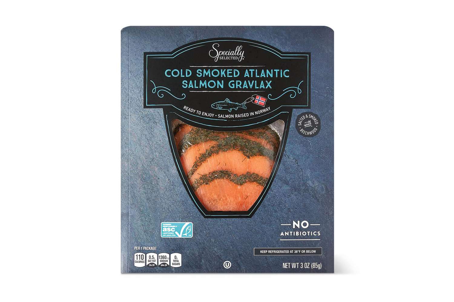 Image of a three ounce package of Aldi Cold Smoked Atlantic Salmon Gravlax on a white background