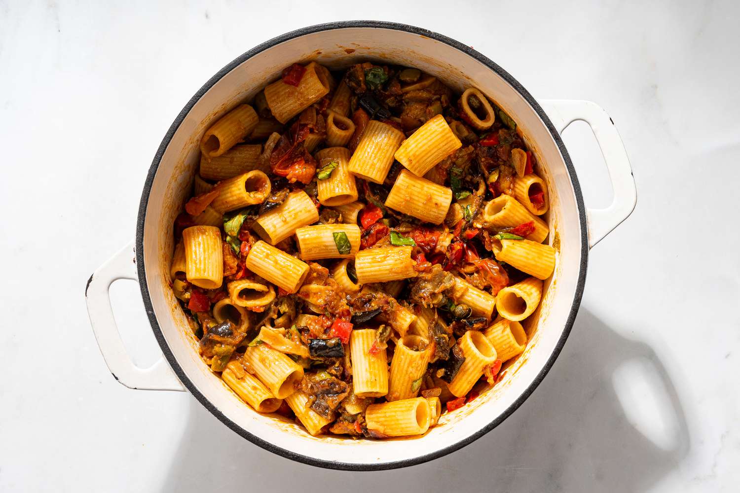 sicilian caponata pasta recipe in a dutch oven 