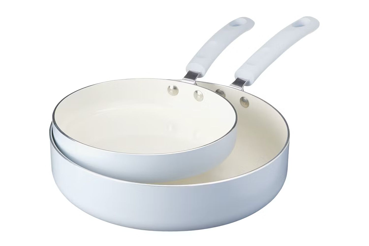 Ceramic pan set with two white frying pans, one nested inside the other