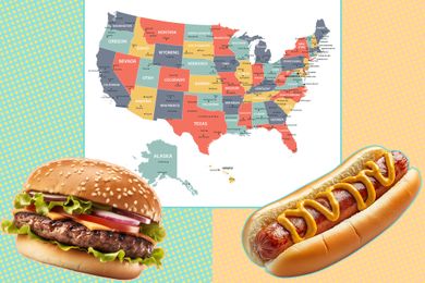 A map of the United States with a burger and hot dog in the foreground
