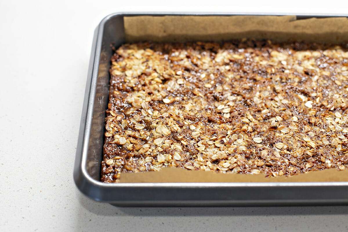 Oatmeal Carmelita Bar Recipe - bar cookies in baking pan