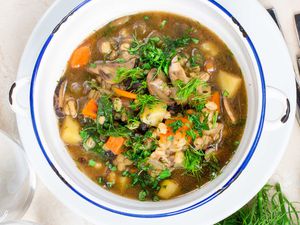 Vegan Mushroom Barley Soup in a bowl