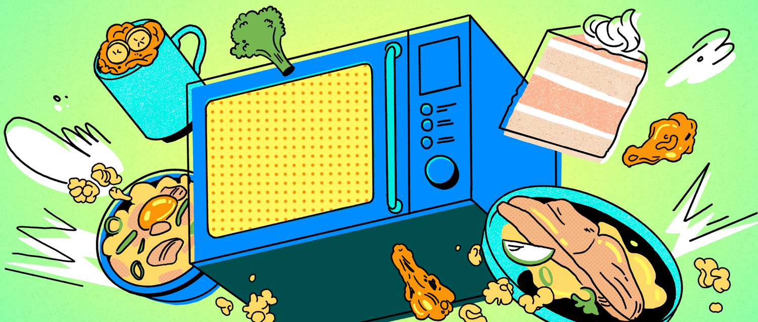 Blue microwave with several foods around it