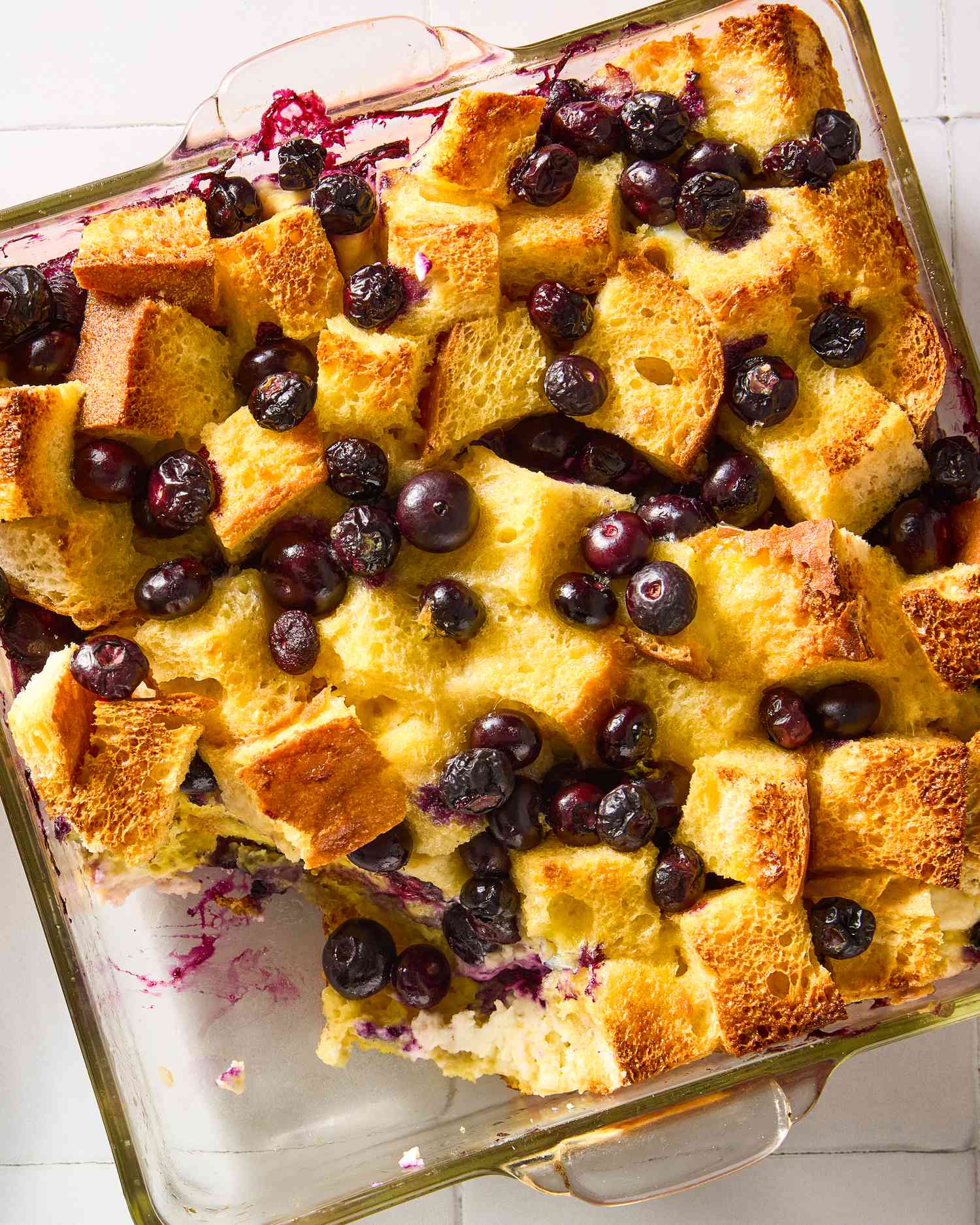 Casserole dish of blueberry maple breakfast bake