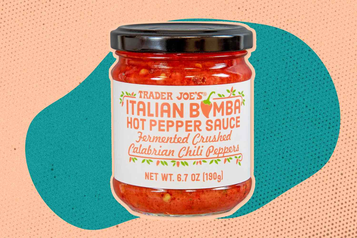 Photo of a jar of Trader Joe's Italian Bomba Hot Pepper Sauce on a green and pink speckled background
