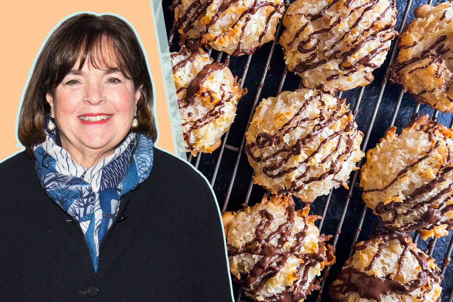 Ina Garten photo cut-out over a peach background next to a photo of her coconut macaroons 