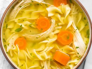 A bowl of chicken noodle soup with egg noodles carrot slices shredded chicken and parsley