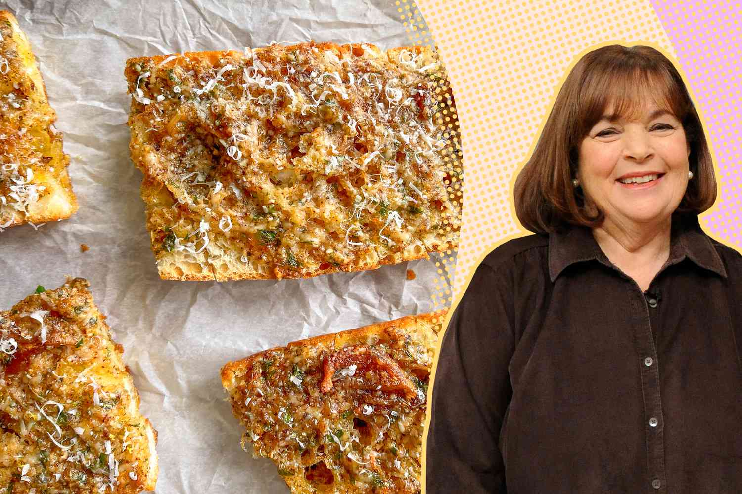 Ina Garten next to a photo of garlic bread