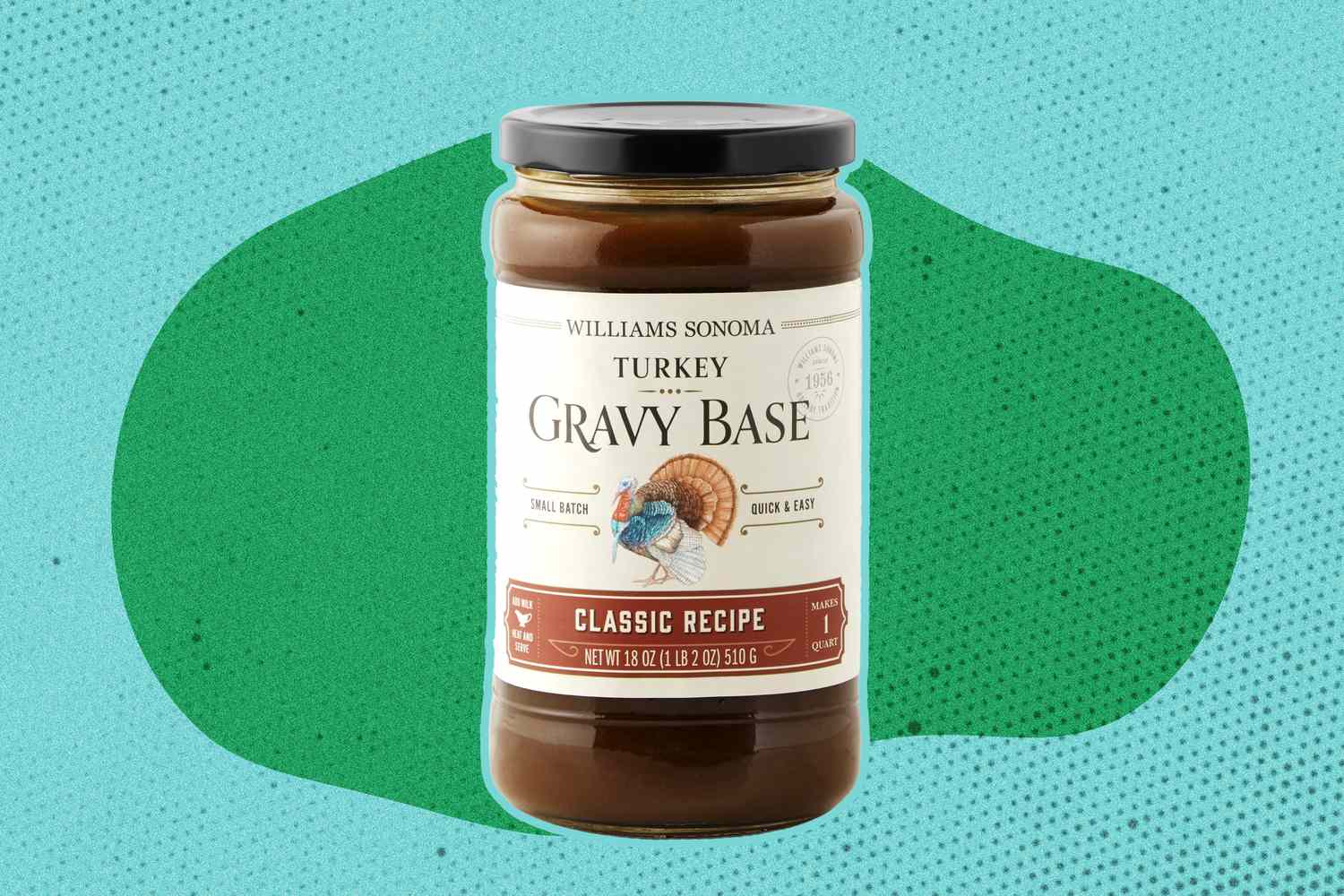 A jar of Williams Sonoma turkey gravy base one a blue and green illustrated background