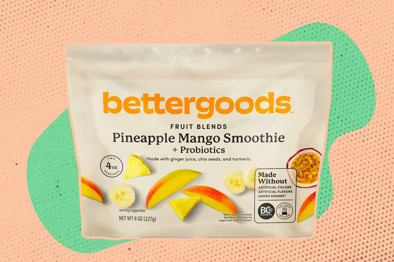 A bag of bettergoods pineapple mango smoothie fruit blend on an illustrated background