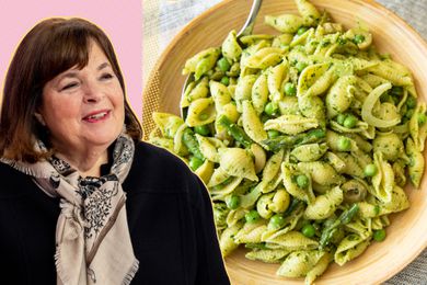 Ina Garten beside a plate of pasta with peas and asparagus, showcasing a recipe
