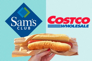 Sam's Club and Costco logos with a persons hand holding two hot dogs in a paper wrapper