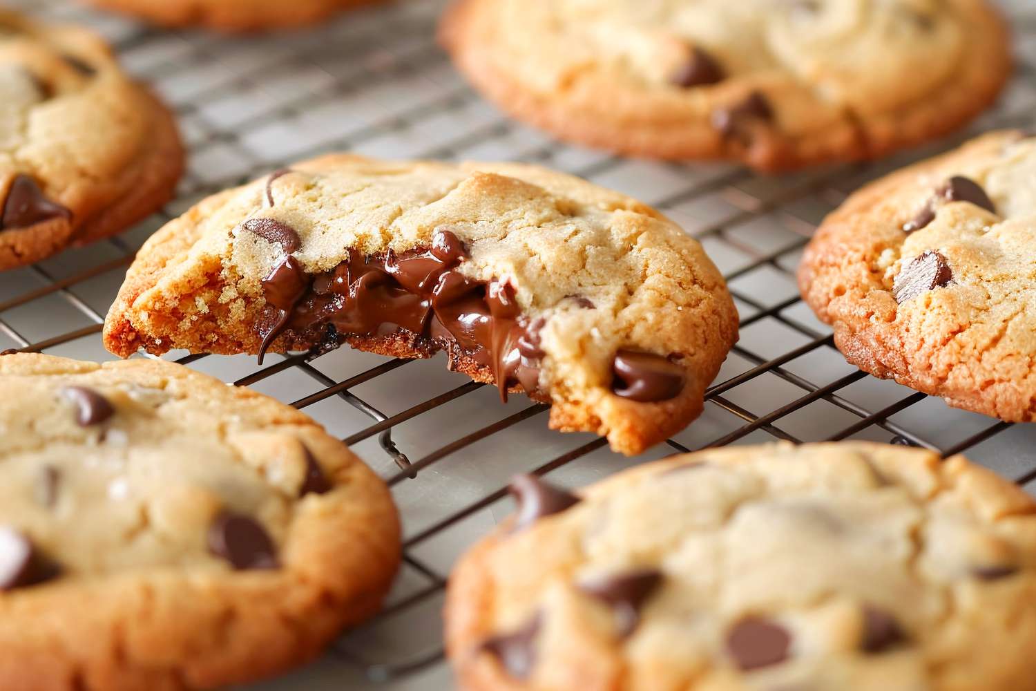 Chocolate chip cookies on a cooling rack