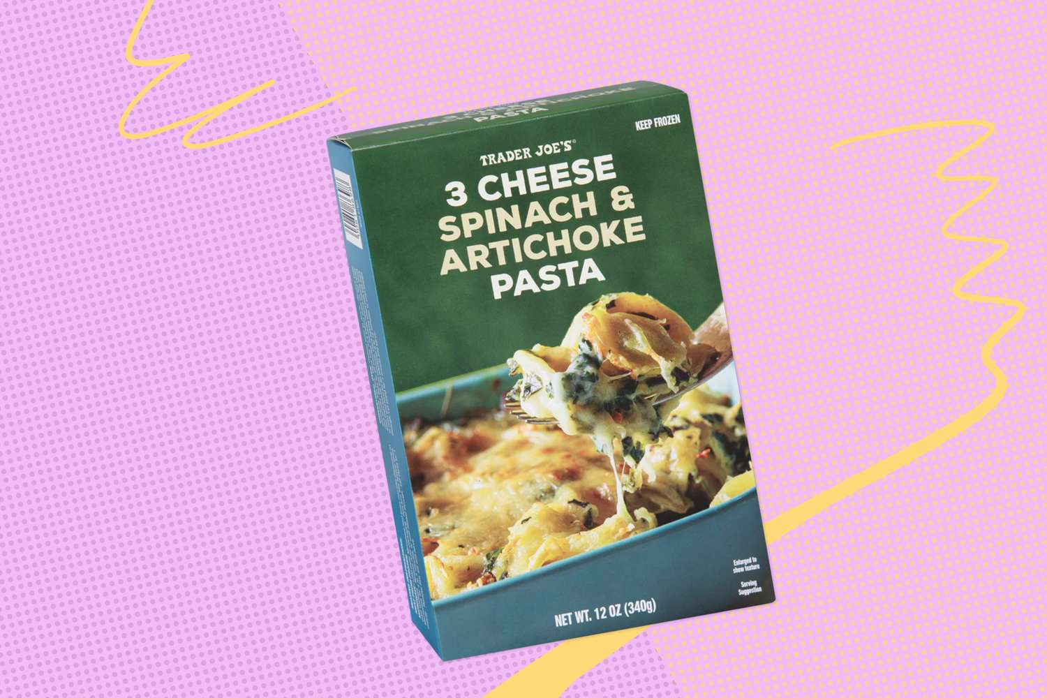 Trader Joes Three Cheese Spinach Artichoke Pasta packaging against a pink and yellow patterned background