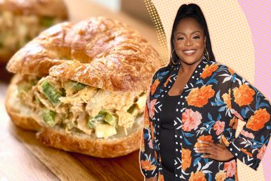 Chicken Salad Sandwich on a croissant next to an image of Kardea Brown