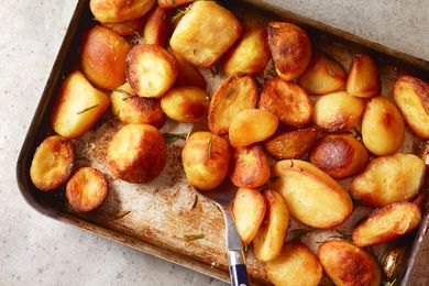 A sheet pan with roasted potatoes
