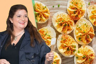 Headshot of Alex Guarnaschelli next to a plate of her Deviled Eggs recipe