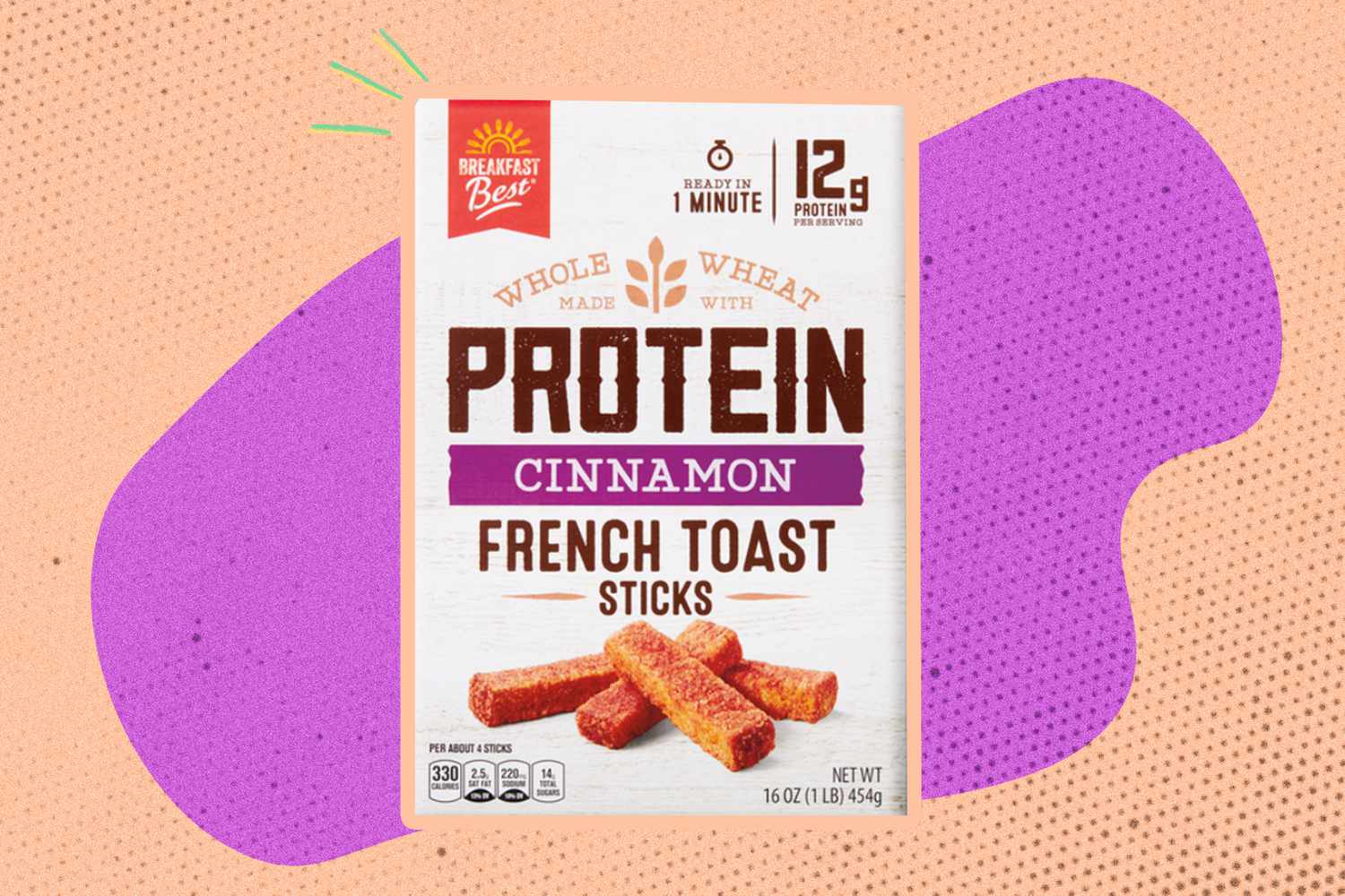 Front view of a package of Aldi Protein Cinnamon French Toast Sticks on a speckled violet and orange background