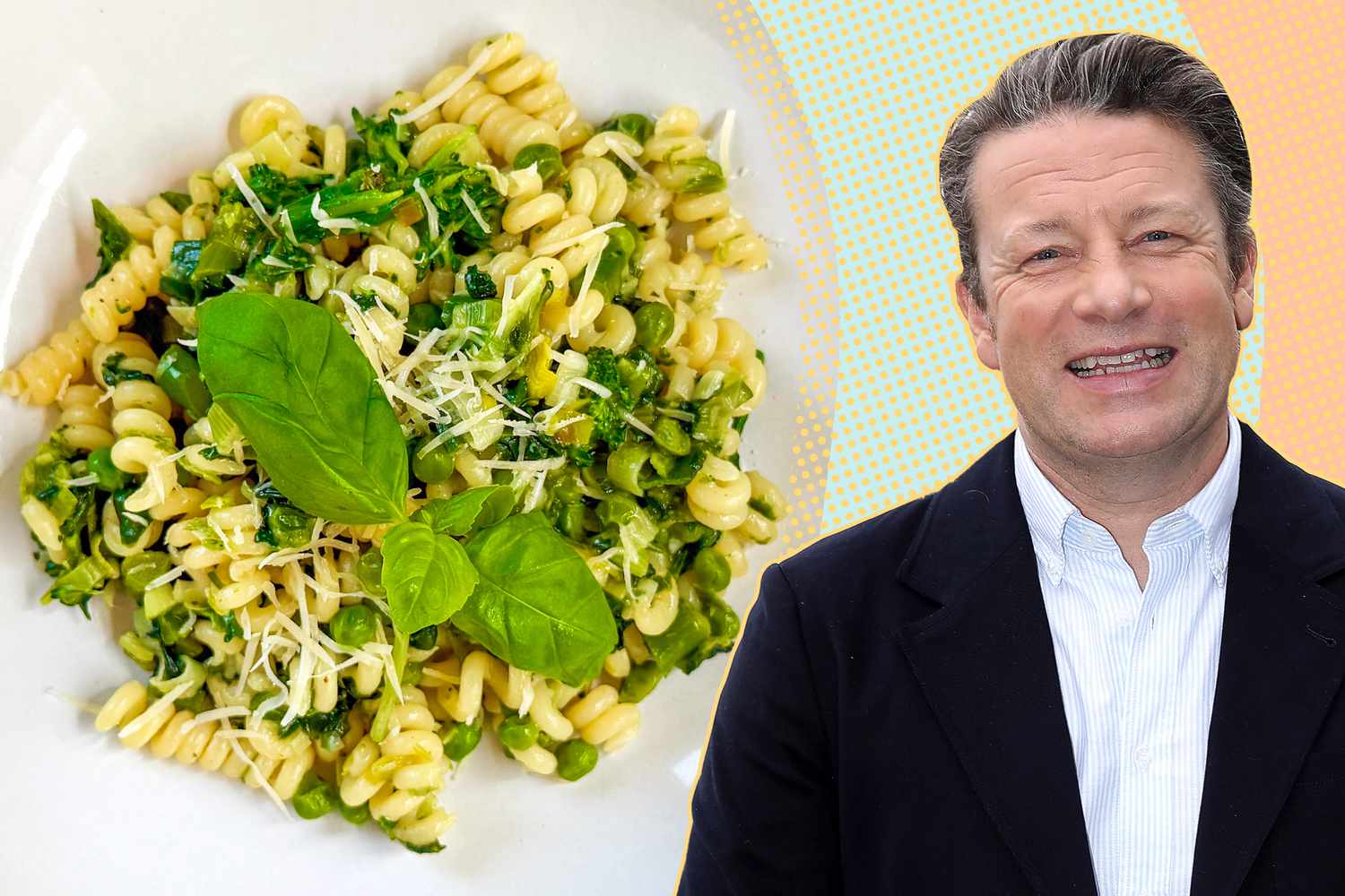 A split image of a plate of pasta with basil and Jamie Oliver