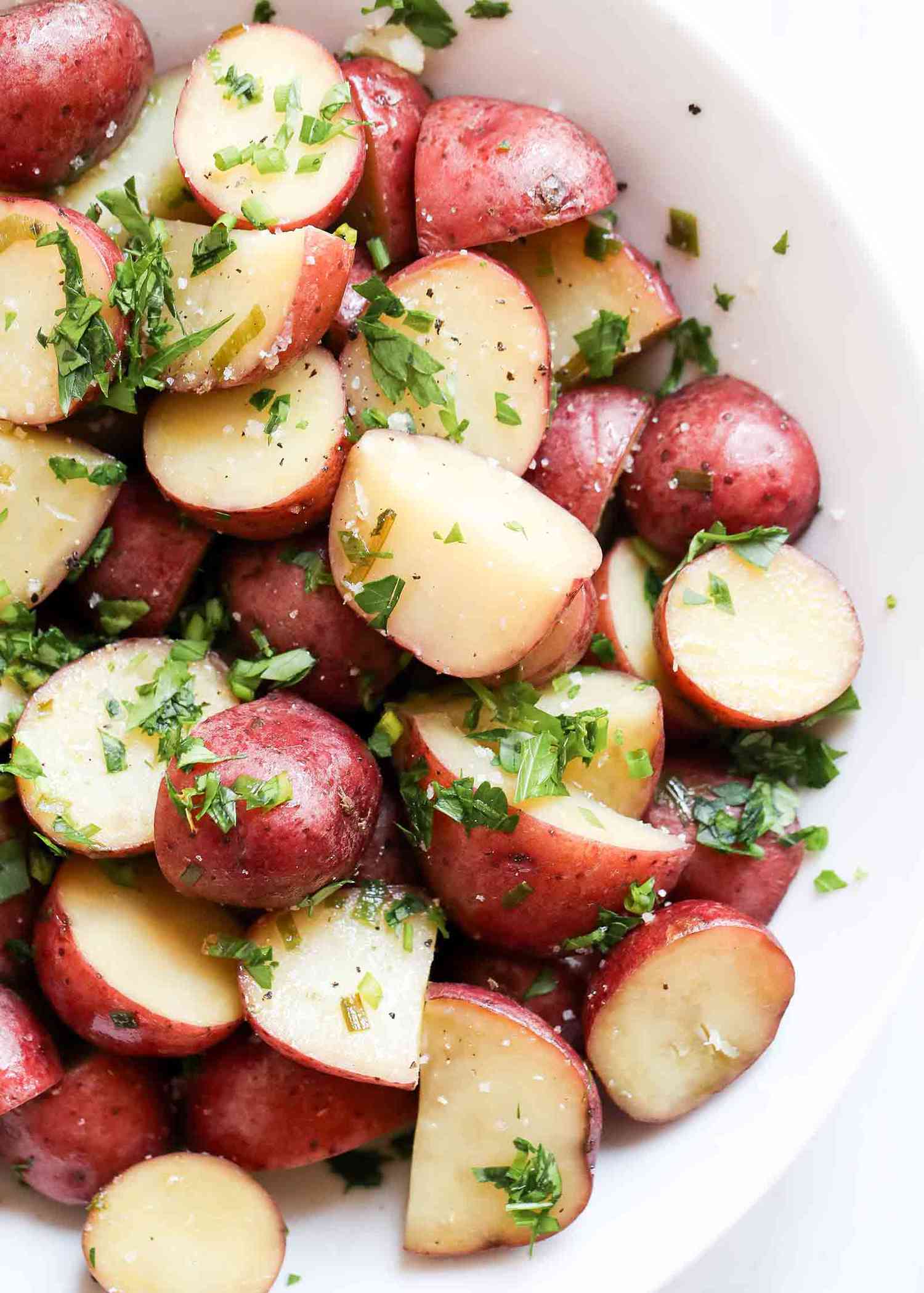 A close-up of a bowl of sous vide potatoes.