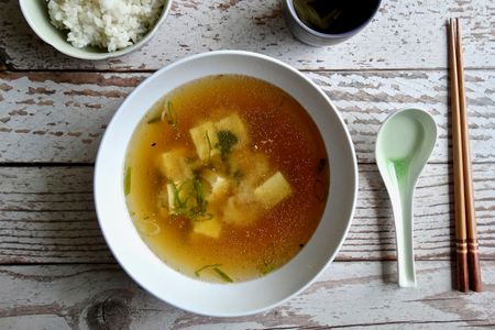 Overhead view of a bowl of quick and easy miso soup.