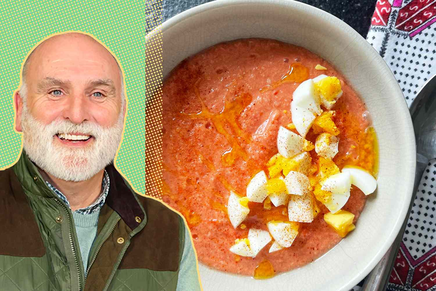 José Andrés alongside a bowl of creamy tomato soup garnished with hard-boiled eggs and spices