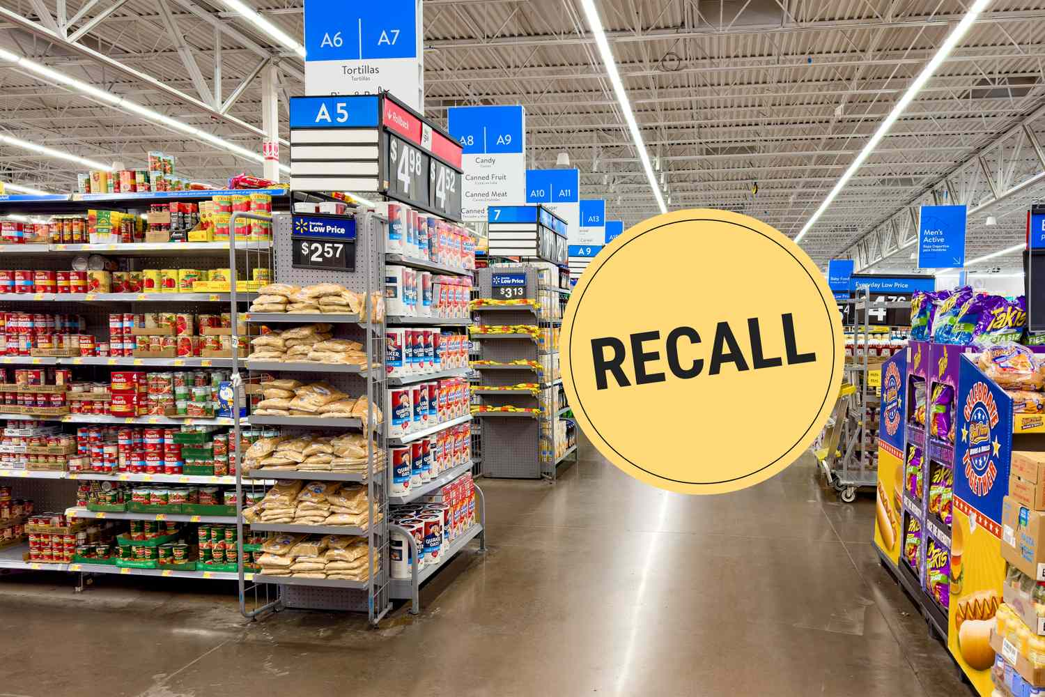 Grocery store aisle with a recall notification prominently displayed