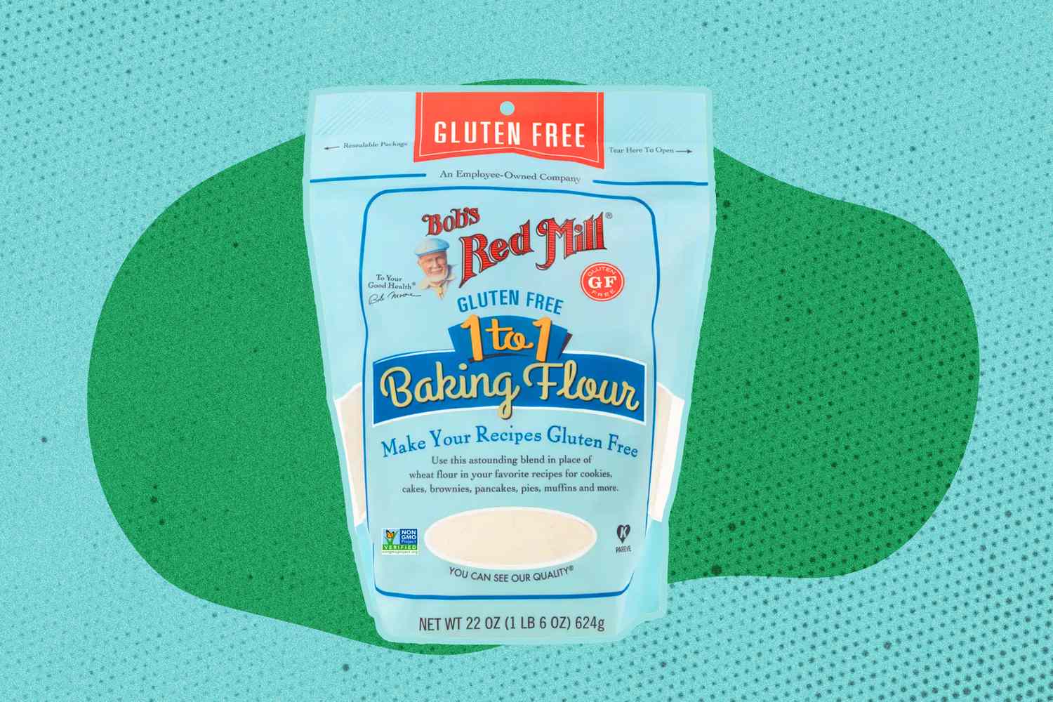 Bobs Red Mill glutenfree 1to1 baking flour package on a decorative background