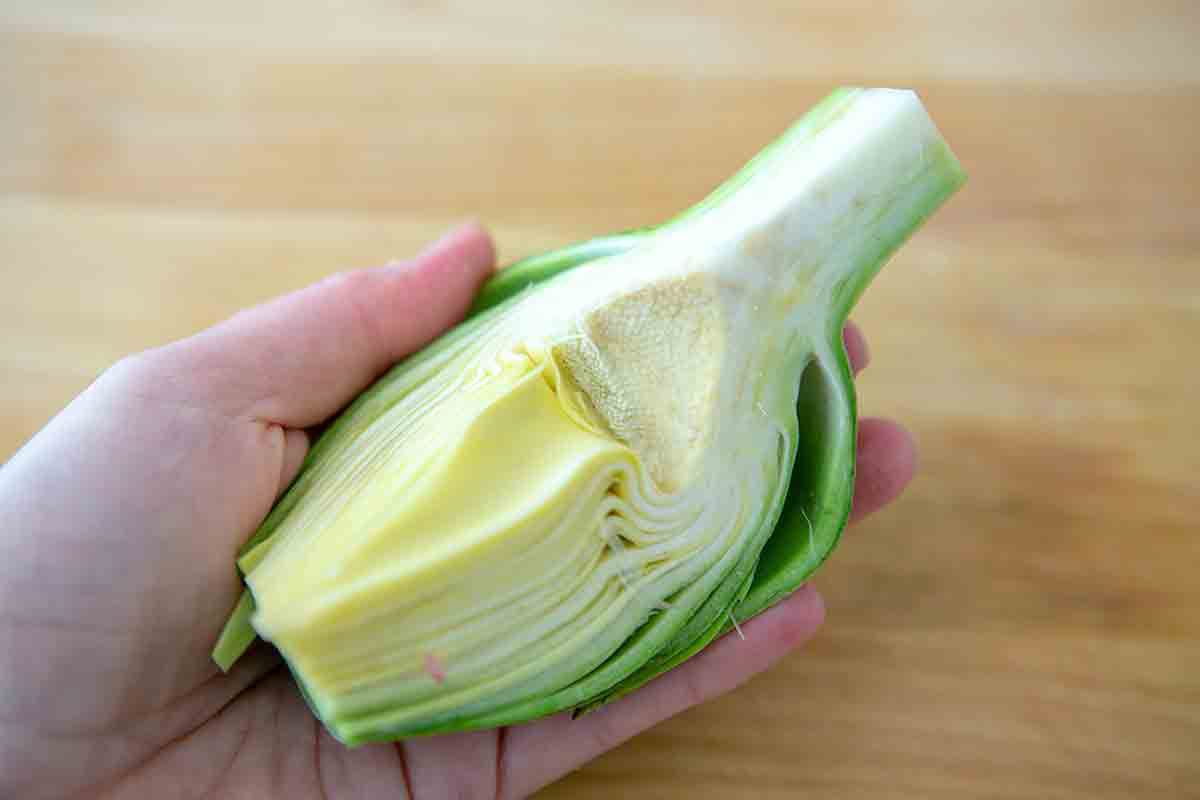 a quartered prepped artichoke