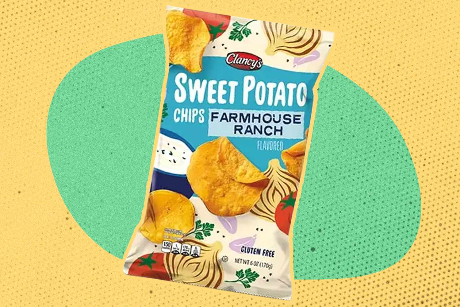 Sweet Potato Chips Farmhouse Ranch package over a colorful background