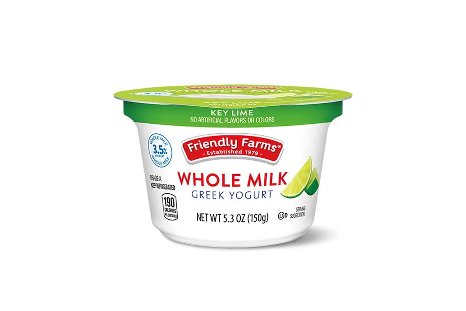 A 5.3 ounce container of Key Lime flavored Friendly Farms Whole Milk Greek Yogurt from Aldi