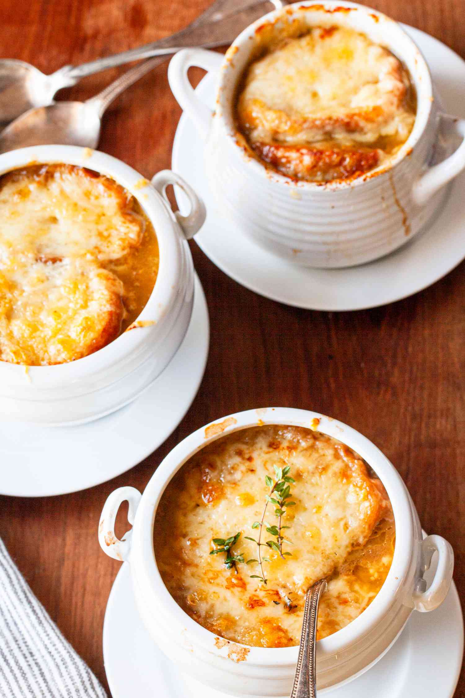 Vegetarian French onion soup with mushroom broth.