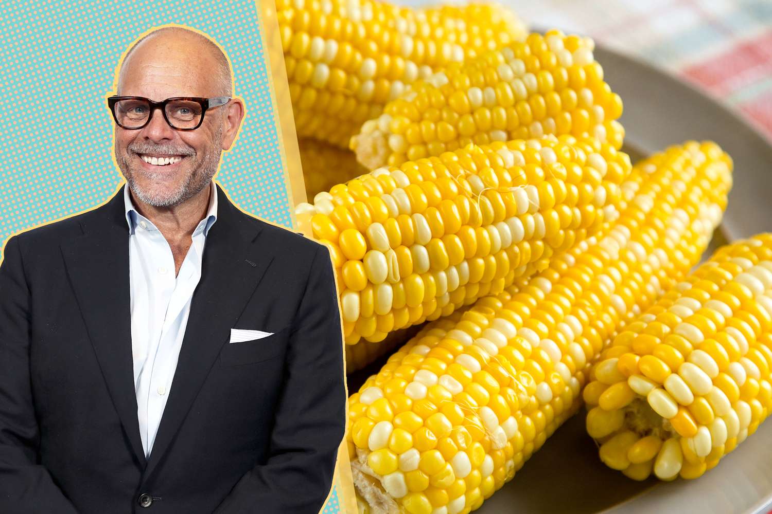 Alton Brown alongside a plate of corn on the cob