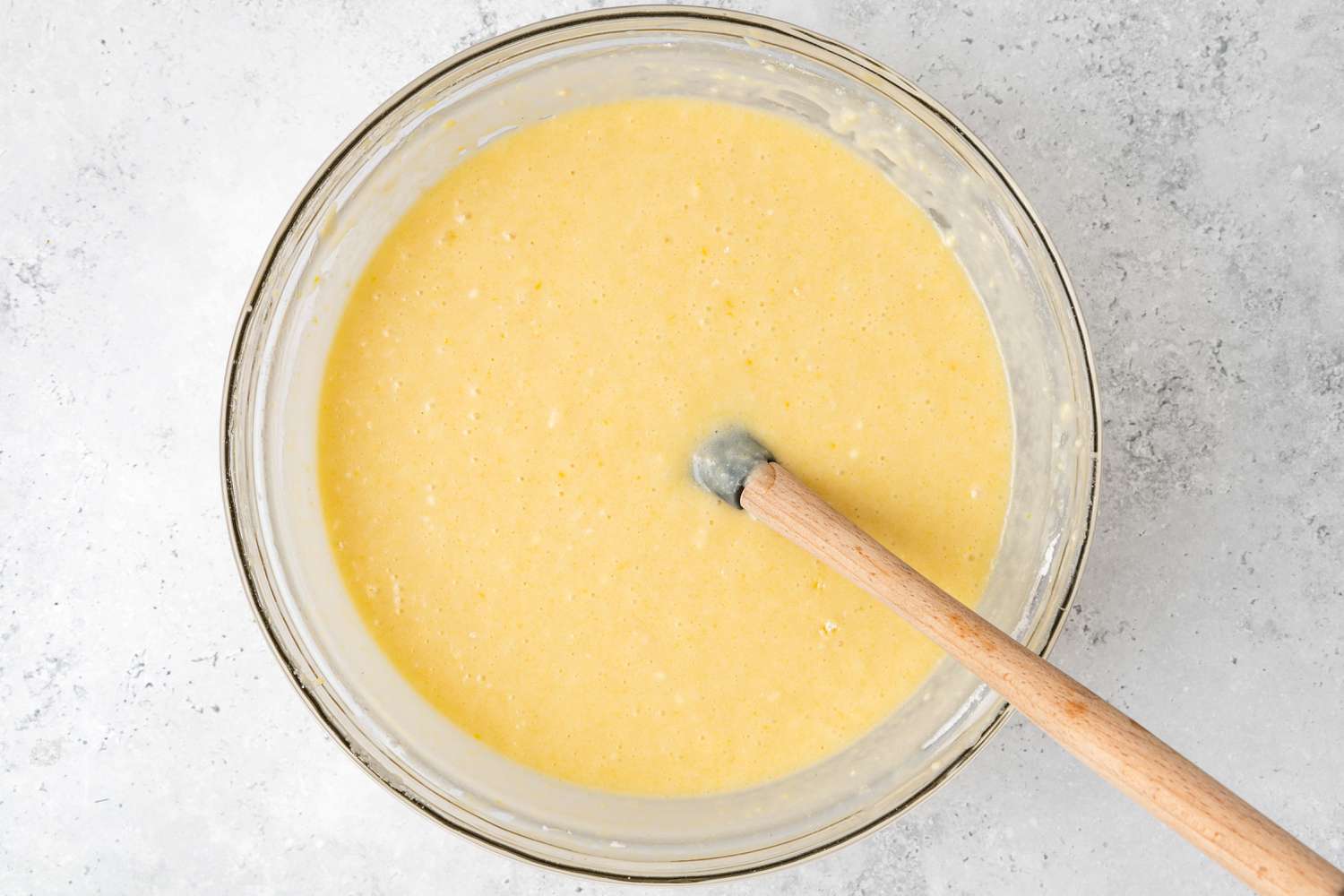 Vanilla Microwave Cake Batter in a Bowl with a Spatula