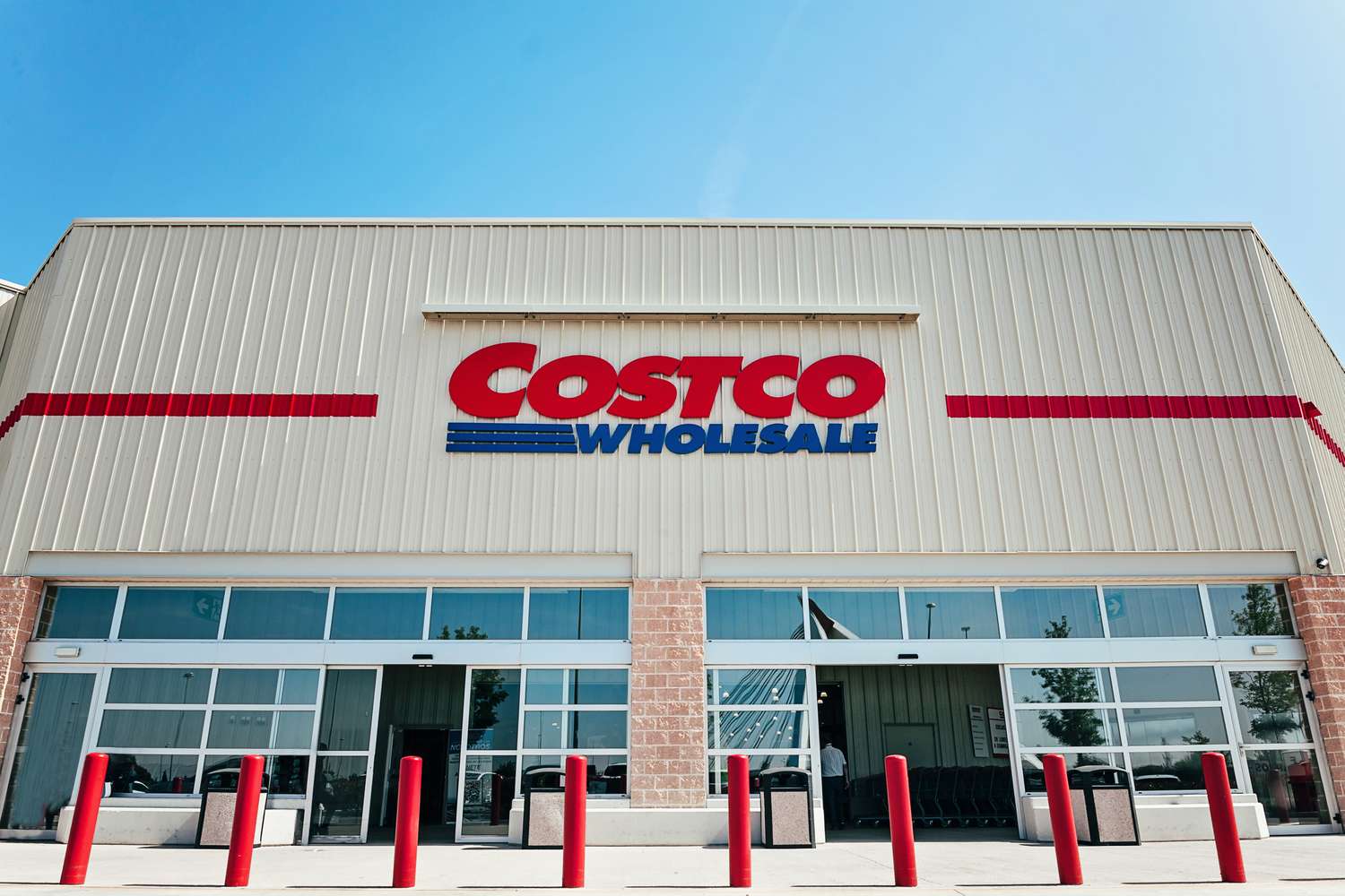 The exterior of a Costco Wholesale store with an entrance visible