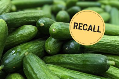 Pile of cucumbers with a recall label overlay