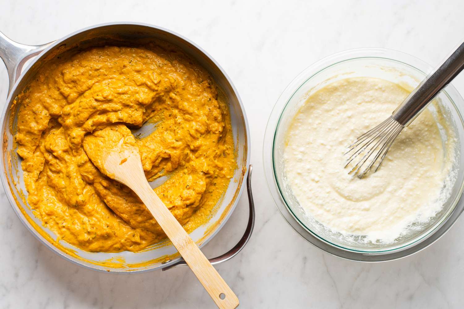 Pot of pumpkin mixture and bowl of cheesy mixture for Easy Pumpkin Lasagna