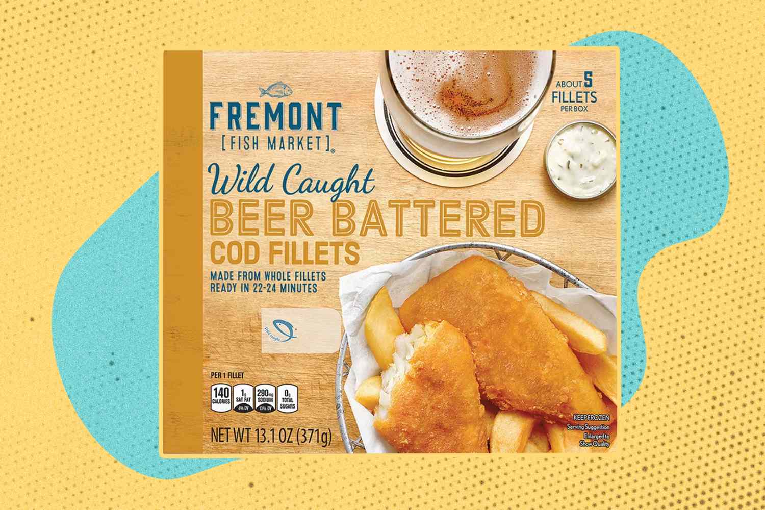 Packaging for Fremont Fish Markets wild caught beer battered cod fillets on a patterned background