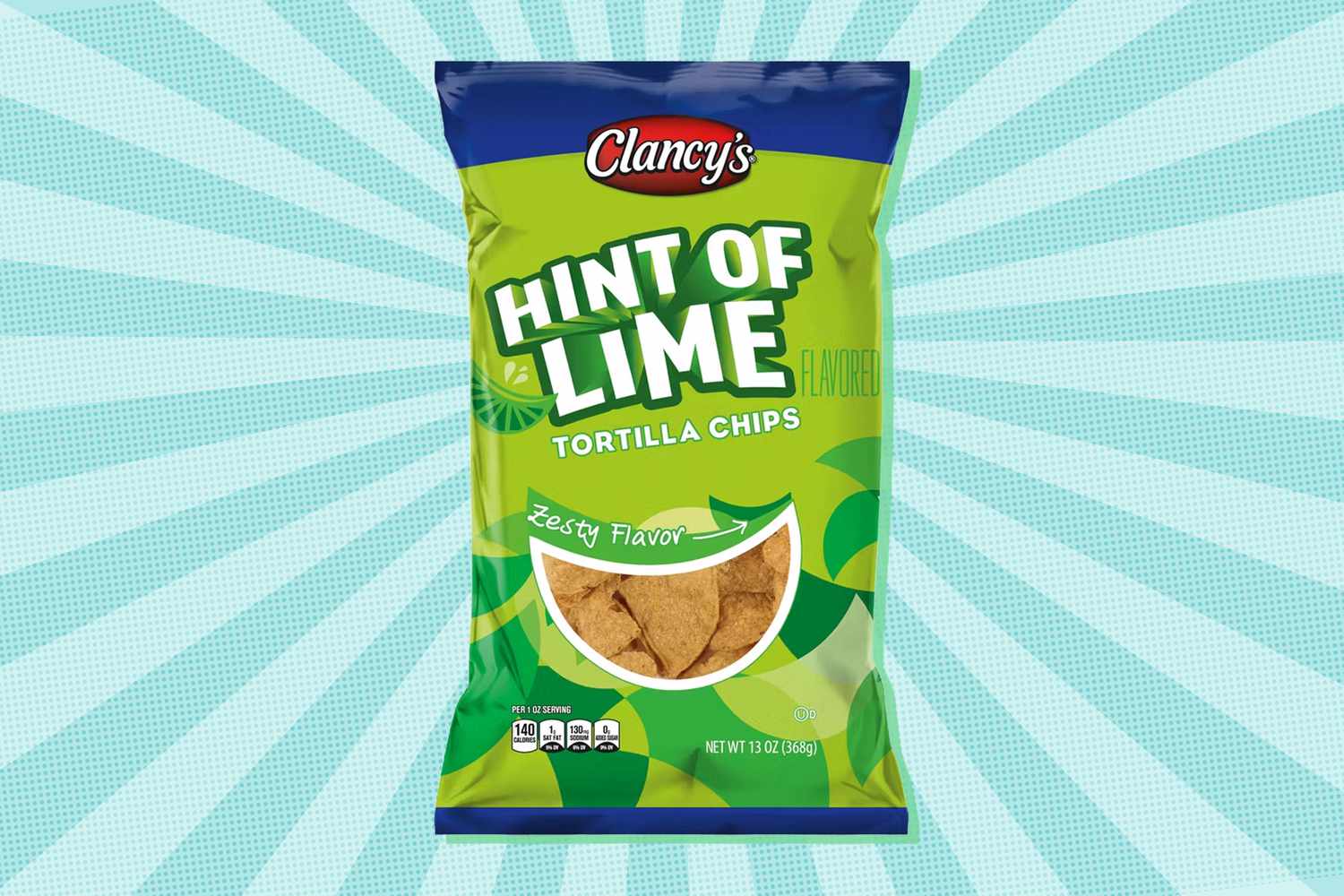 Bag of Clancy's Hint of Lime tortilla chips on a patterned blue background