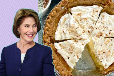 A split image of Laura Bush and a buttermilk coconut pie sliced into portions