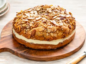 Bee Sting Cake on a Circular Wooden Board