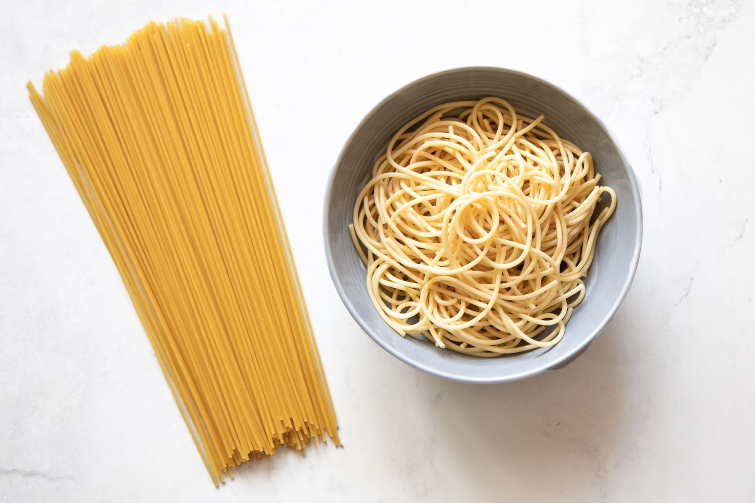 Dried Yaka Mein on the Left and Cooked Yaka Mein in a Bowl on the Right