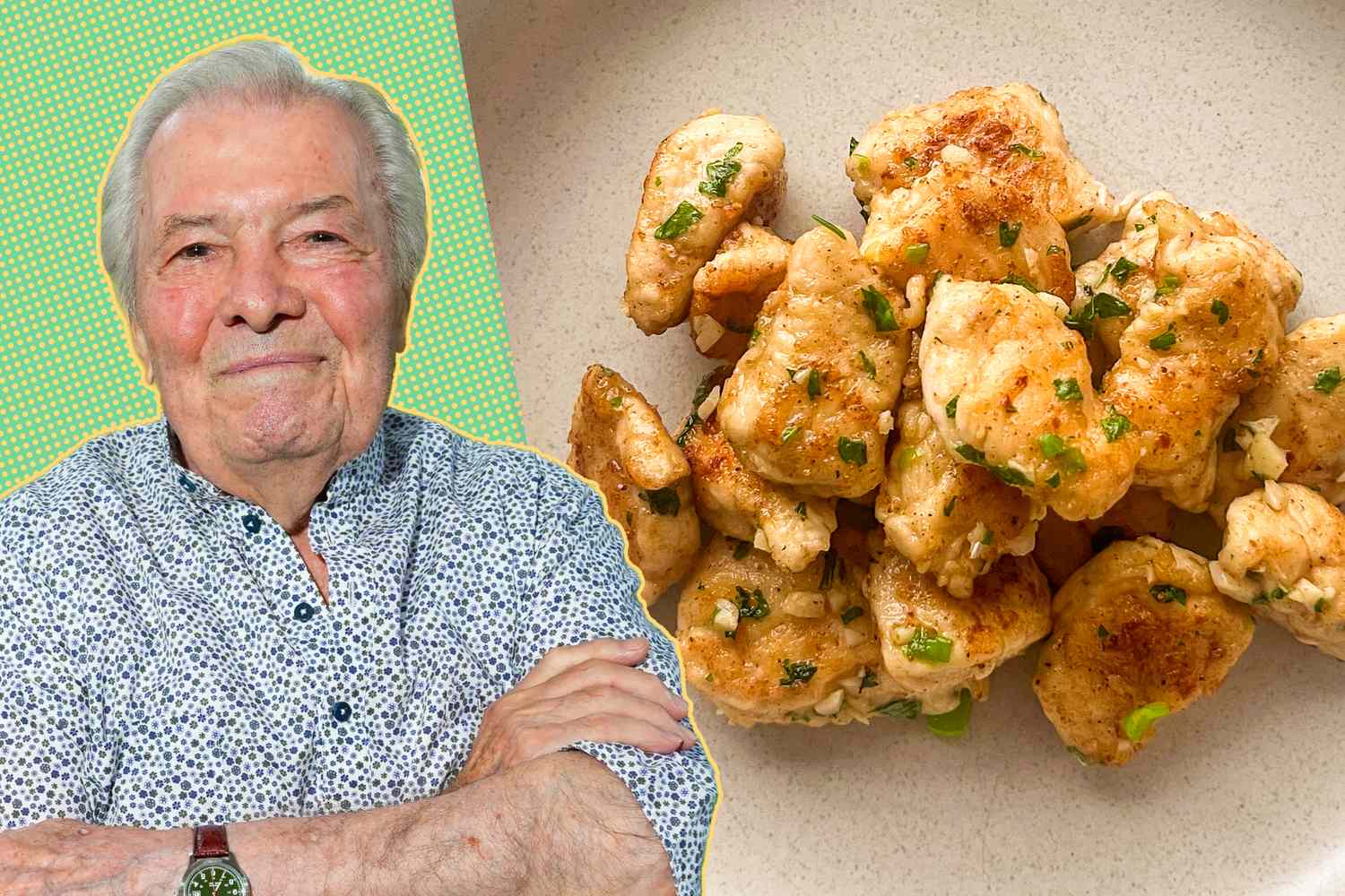 Jacques Ppin pictured beside a dish of cooked chicken pieces