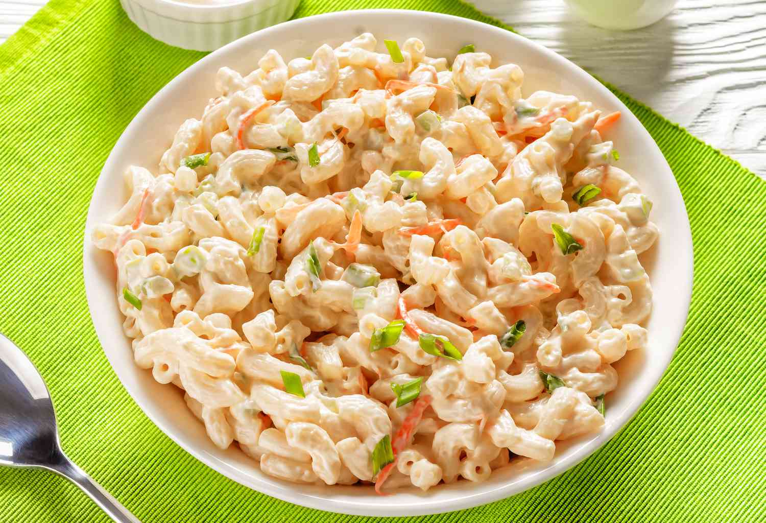 Macaroni Salad in a white bowl